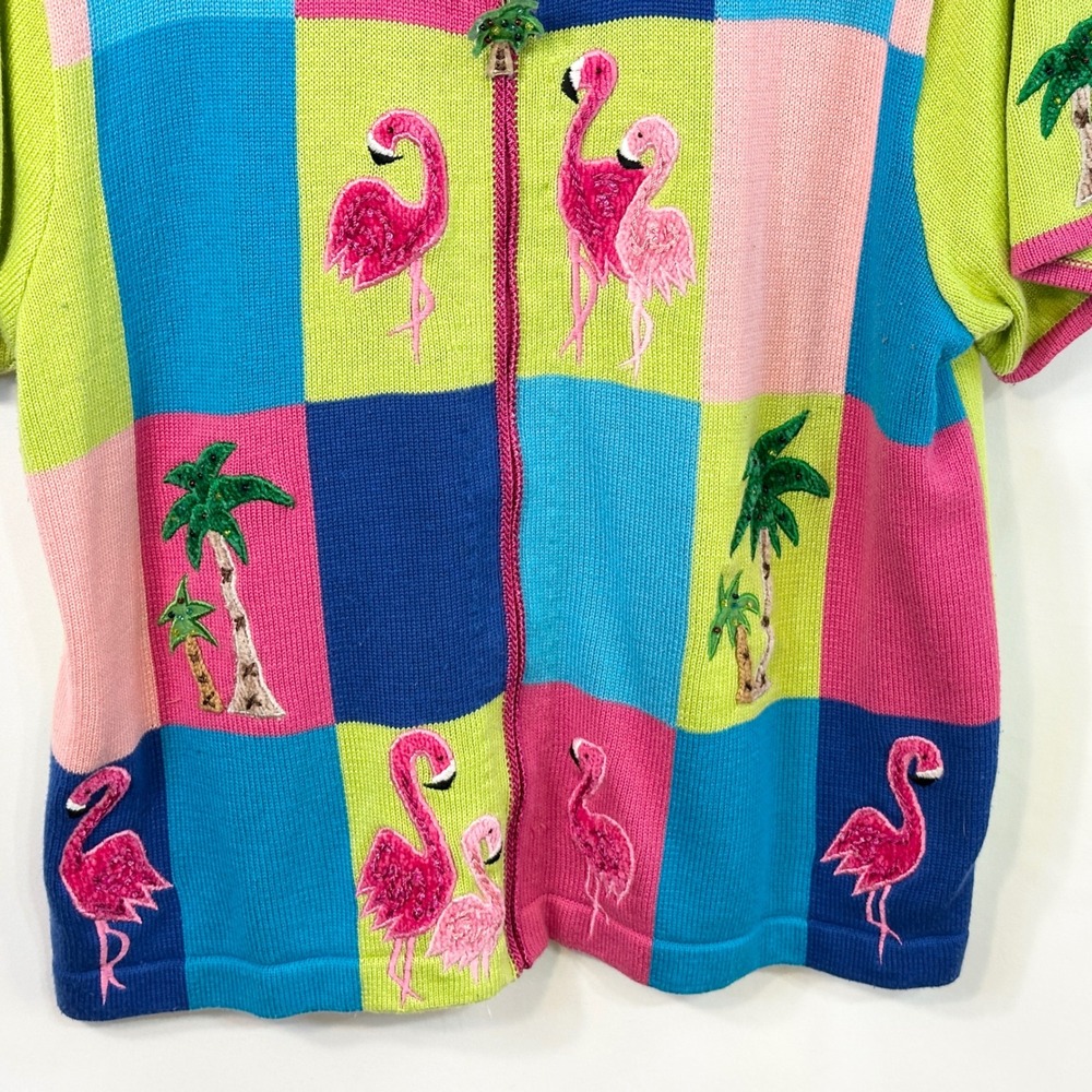 VTG‎ Jack B Quick Large Sweater Flamingo Beaded Zip Beachy Coastal Novelty 345 - Picture 7 of 11